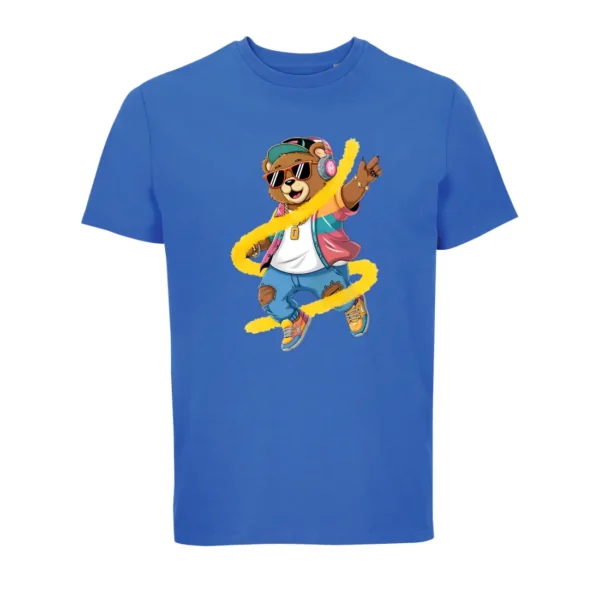 Urso estiloso em t-shirt azul orgânica.