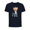 T-shirt azul marinho com um urso de desenho animado andando de bicicleta.